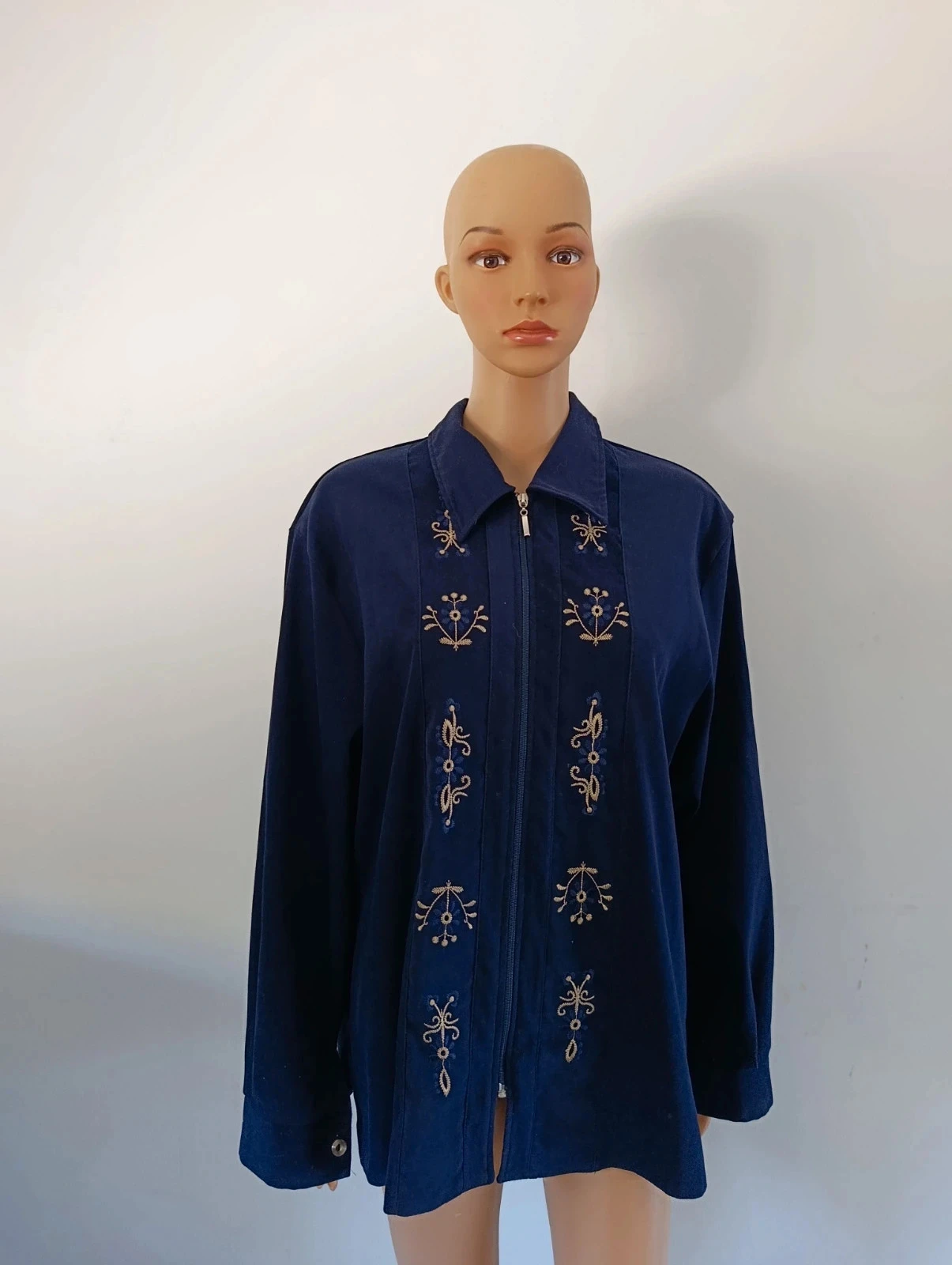 Veste femme bleu marine brodée – Taille XL – Zippée – Style vintage – photo 2